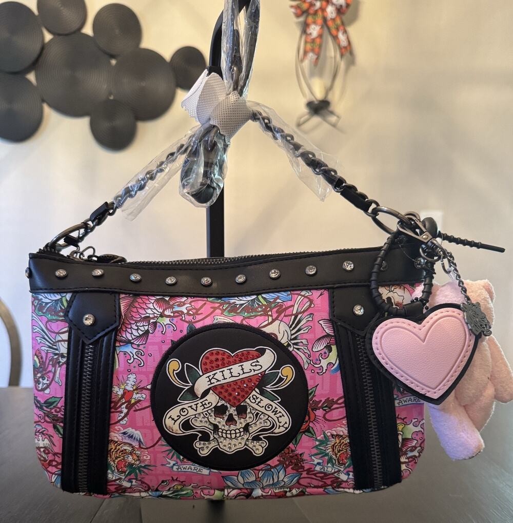 NWT Ed Hardy Love Kills Slowly Pink Tattoo Print Baguette Shoulder Bag